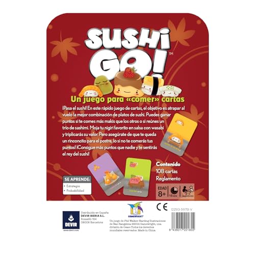 Devir - Sushi Go, Juego de Cartas, Juego de Mesa con Amigos y para Fiestas, a Partir de 8 años (BGSUSHI)