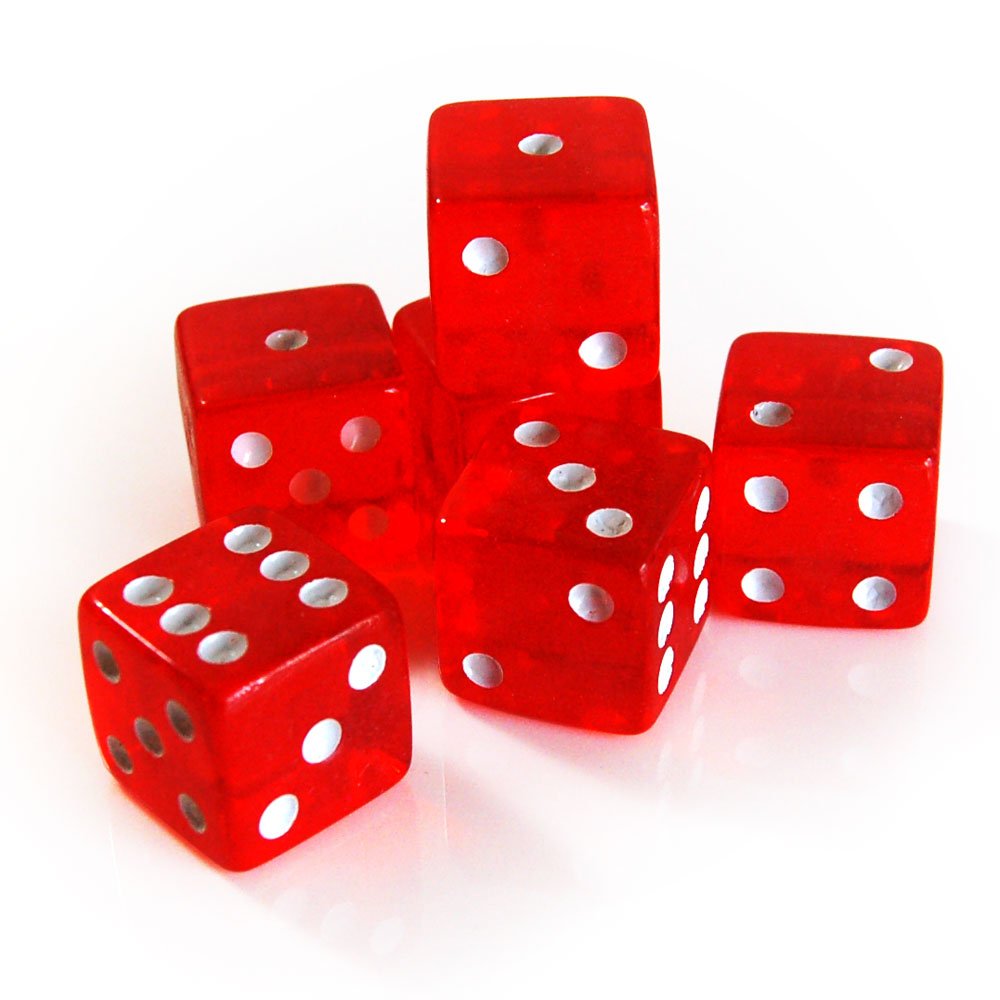 PACK 5 DADOS DE CASINO TRANSPARENTES D6 – 19 mm rojo cuadrado | 6 caras