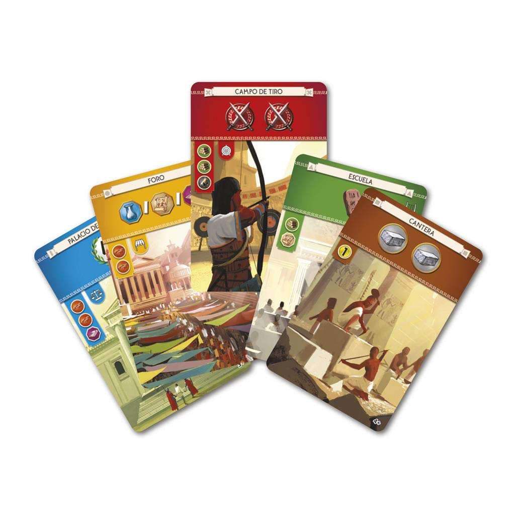 Cartas del juego de mesa 7 Wonders con edificios, recursos y maravillas