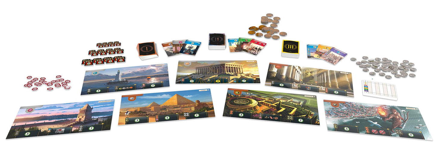 Componentes del juego de mesa 7 Wonders, cartas, tableros y fichas incluidos