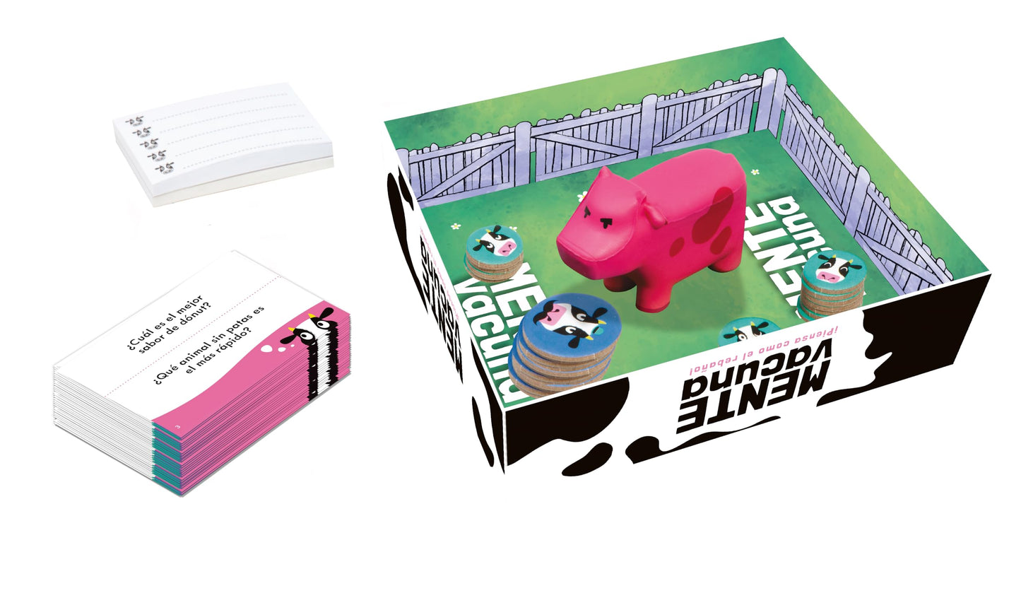 Mercurio - Mente Vacuna - Juego de Mesa Familiar - para 4 a 20 Jugadores - Incluye Vaca Rosa, 80 Cartas de Preguntas a Doble Cara, fichas y blocs - Ideal para Reuniones, Fiestas y Grupos- 20 Minutos