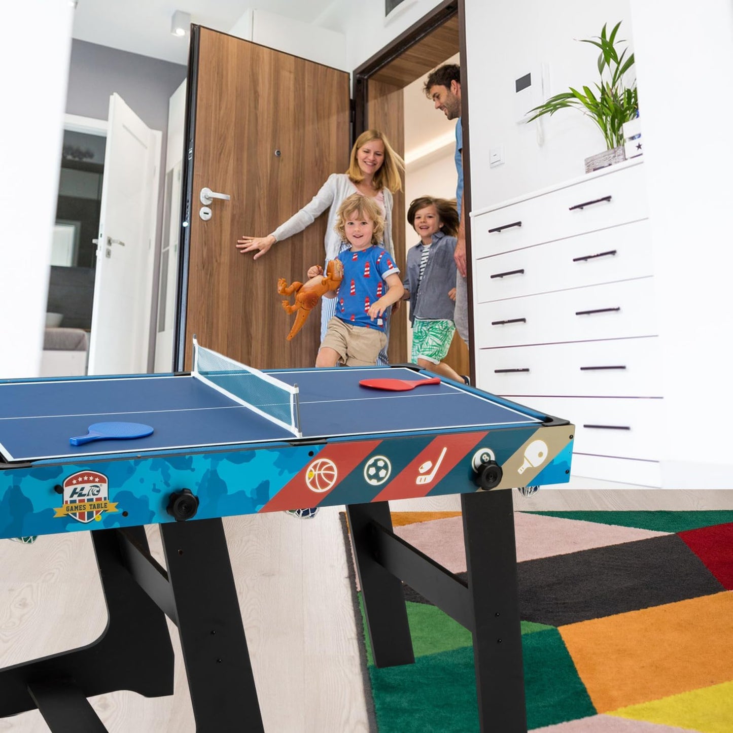 JUEGO DE MESA 5 EN 1 – Multijuegos infantil y familiar: Ping Pong, Billar, Fútbol, Hockey y Baloncesto