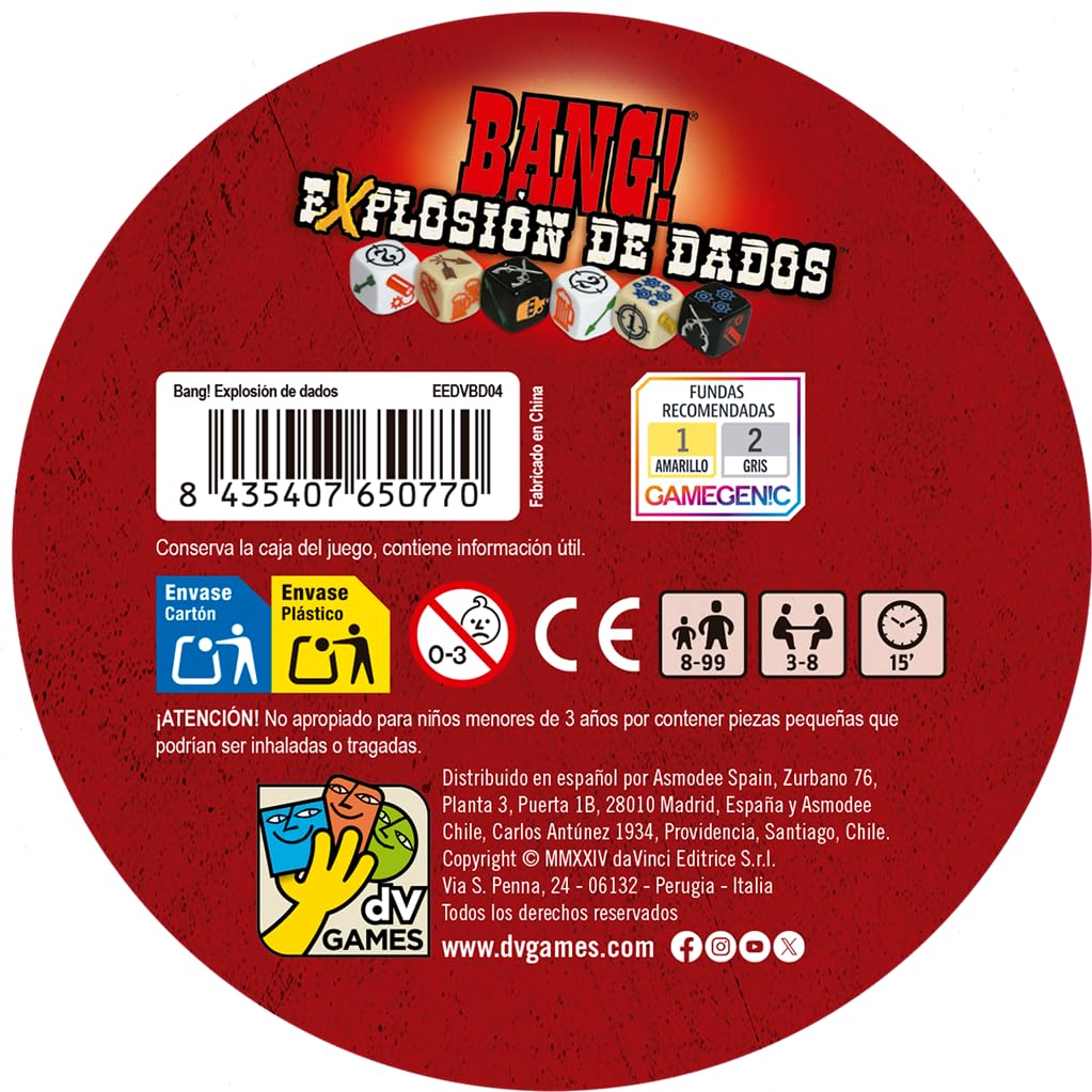 dV Giochi Bang! Explosión de Dados, Expansión, Juego de Dados, A Partir de 8 Años, De 3 a 8 Jugadores, 15 Minutos por Partida, Español