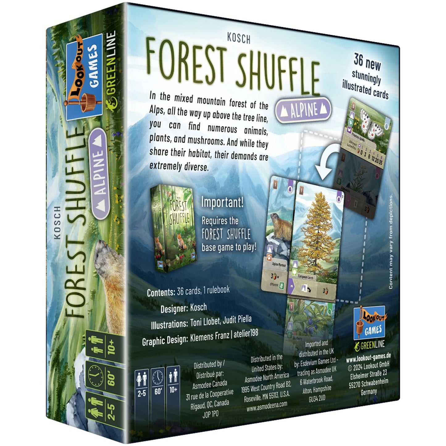 Lookout Expansión del juego de cartas Forest Shuffle Alpine - 36 cartas nuevas para un juego mejorado. Añade nuevas especies y árboles, juego de estrategia para niños y adultos, a partir de 10 años, 2