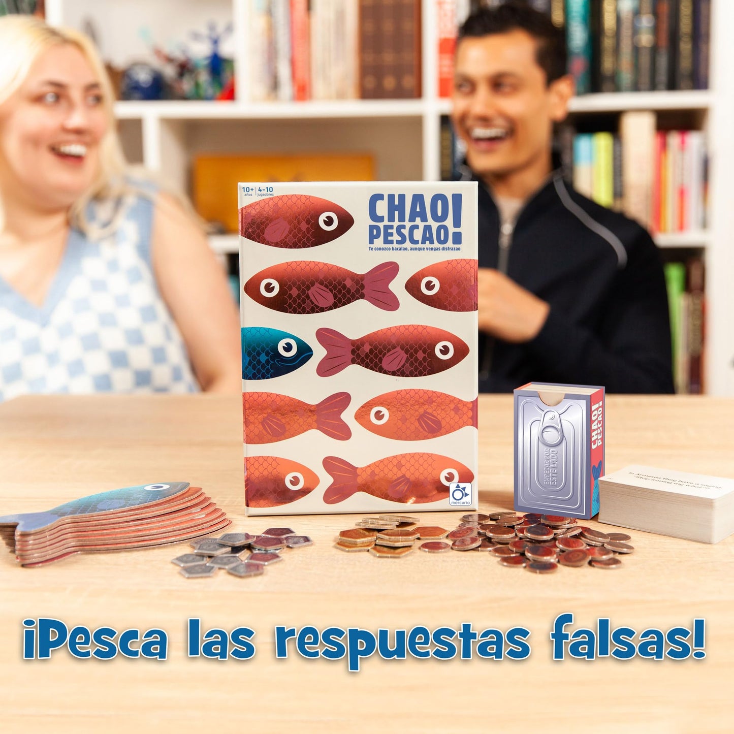 Mercurio - Chao Pescao! | Juego de Preguntas y Respuestas Falsas |Incluye 100 Cartas de Preguntas a Doble Cara, 8 Fichas de Puntos y 1 Dispensador de Cartas| para 3 a 6 Jugadores