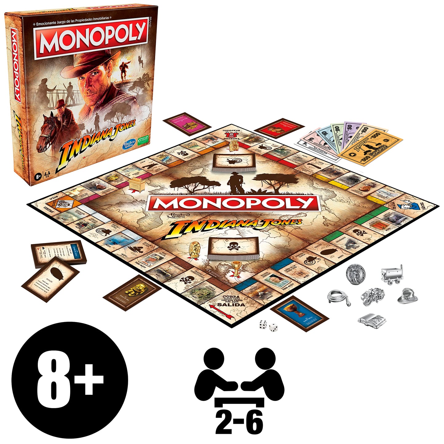 Hasbro Gaming Juego Monopoly Indiana Jones, inspirado en las pel culas de Indiana Jones, juego de mesa para 2-6 jugadores, para ni os a partir de 8 a os