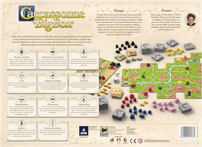 Parte trasera de la caja del juego de mesa Carcassonne Big Box con descripción y contenido