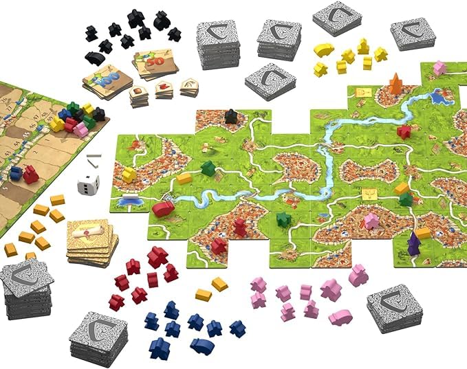 Componentes del juego de mesa Carcassonne Big Box, losetas, meeples, expansiones y caja incluidos