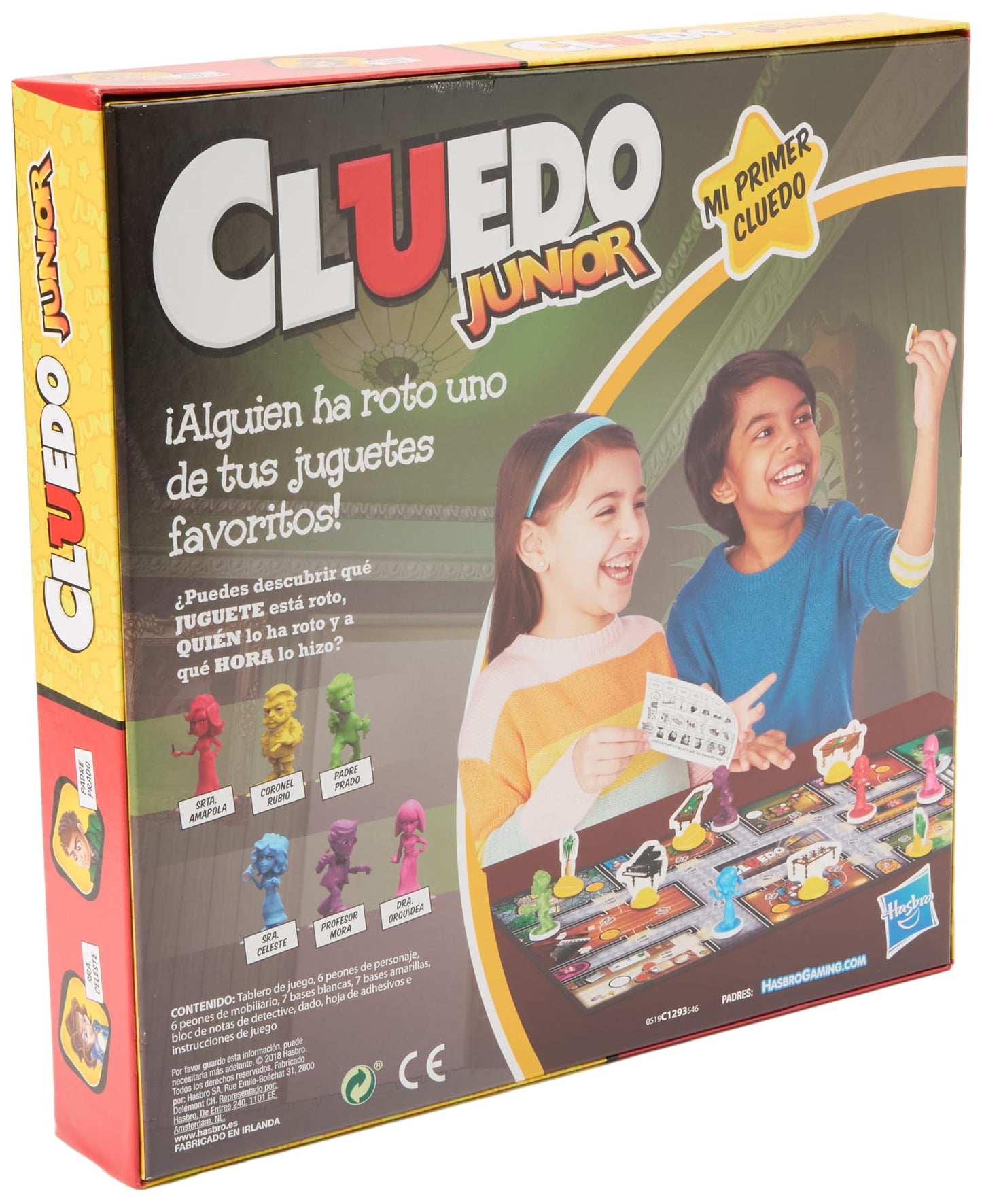 Parte trasera de la caja del juego de mesa Cluedo Junior con reglas y explicación