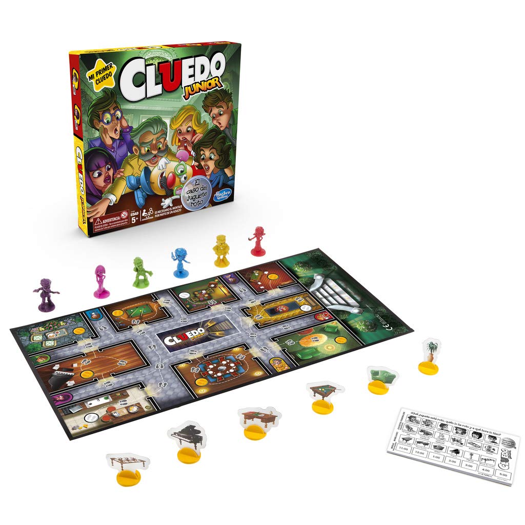 Componentes del juego de mesa Cluedo Junior: tablero, cartas, fichas y caja