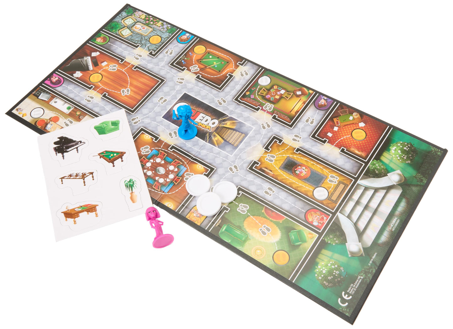 Tablero del juego de mesa Cluedo Junior con habitaciones y colores adaptados a niños