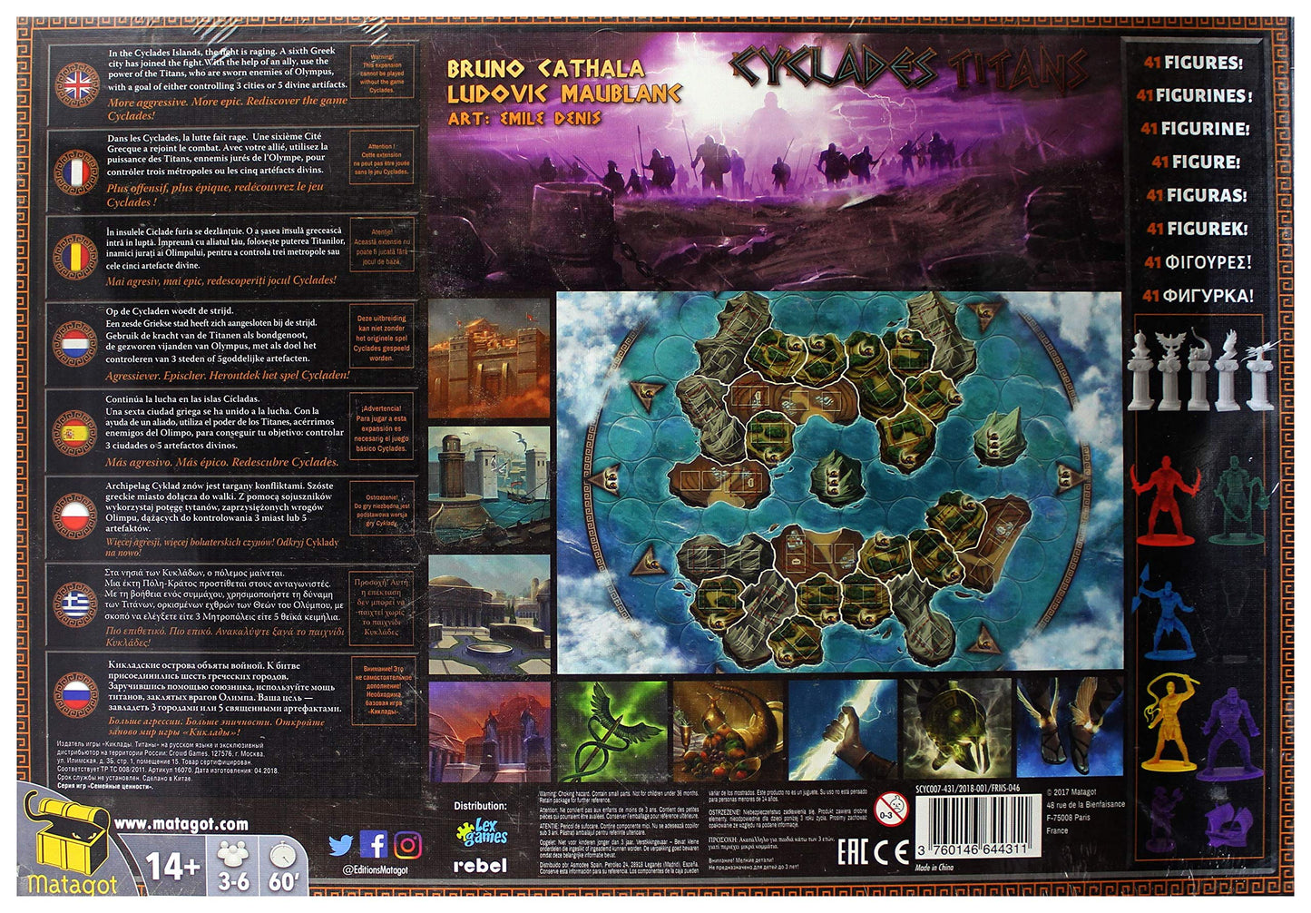 Parte trasera de la caja del juego de mesa Cyclades Titans con explicación y componentes