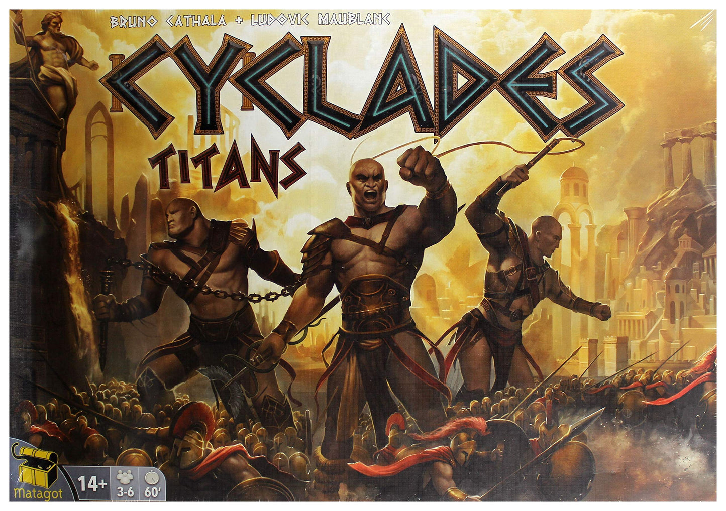 Caja del juego de mesa Cyclades Titans con ilustración épica de titanes