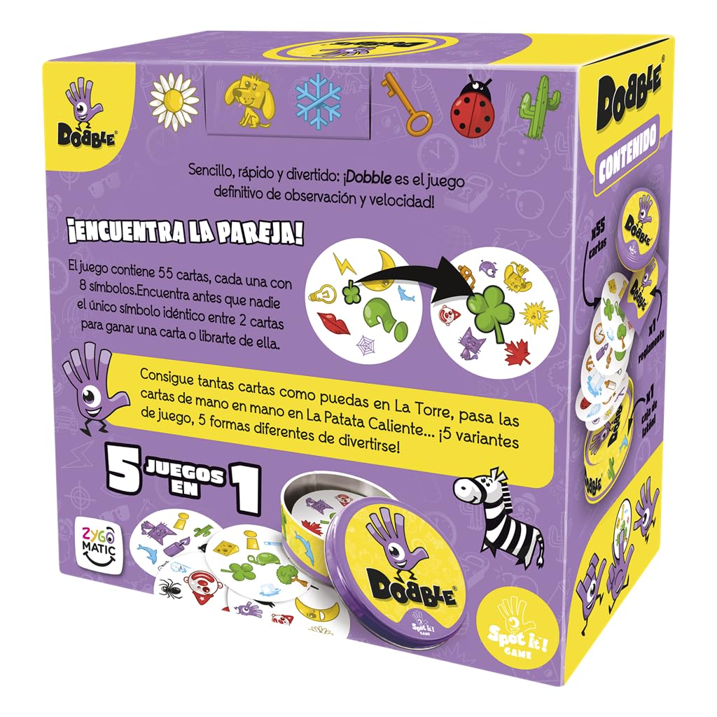 Parte trasera de la caja metálica del juego de mesa Dobble con explicación y símbolos