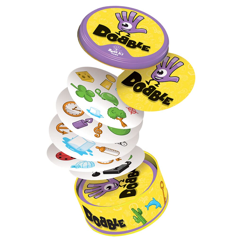 Componentes del juego de mesa Dobble, cartas circulares y lata metálica incluidos