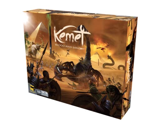 Caja del juego Kemet con ilustración épica de guerreros egipcios y criaturas mitológicas