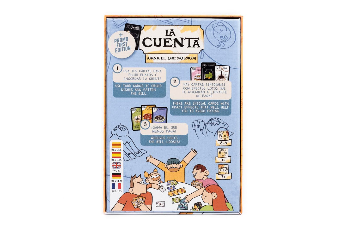 Parte trasera de la caja del juego de mesa La Cuenta con reglas y explicación rápida