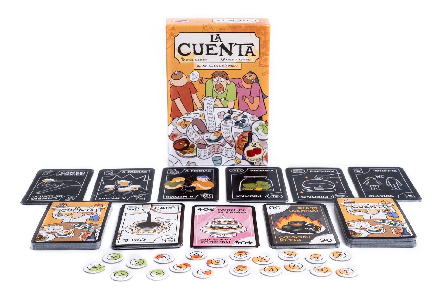 Componentes del juego de mesa La Cuenta: cartas, fichas y caja