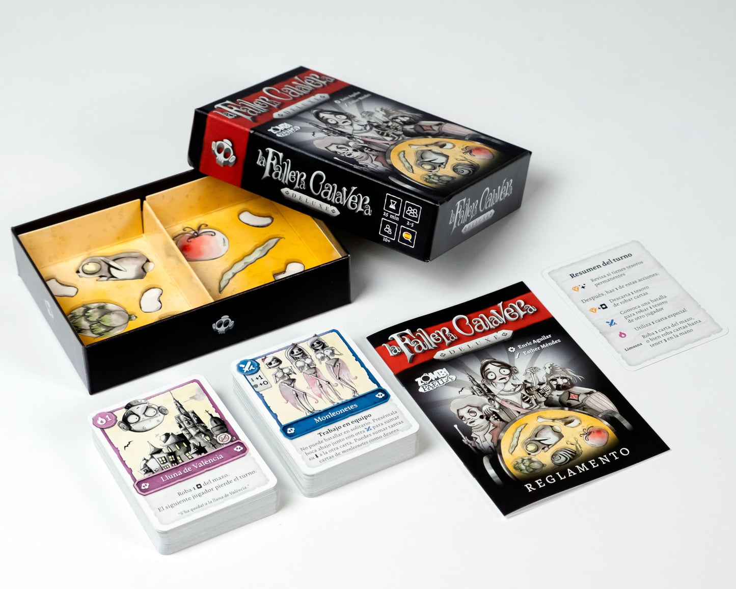 Componentes del juego de mesa La Fallera Calavera, cartas y elementos adicionales