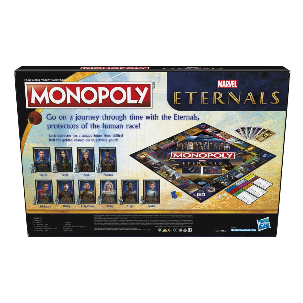 Parte trasera de la caja de Monopoly Eternals con descripción del juego y sus componentes