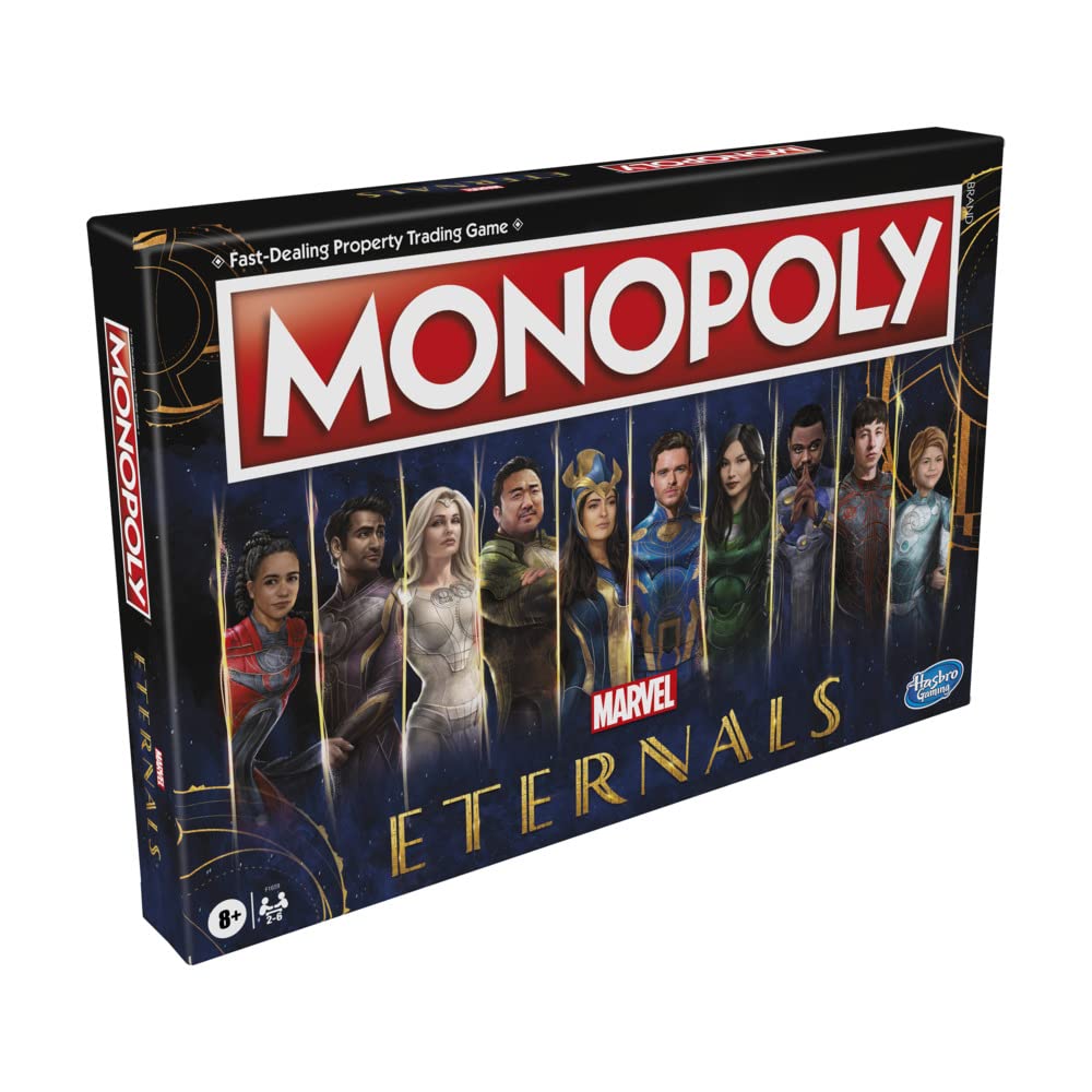 Caja frontal del Monopoly Eternals con diseño oficial de los superhéroes de Marvel