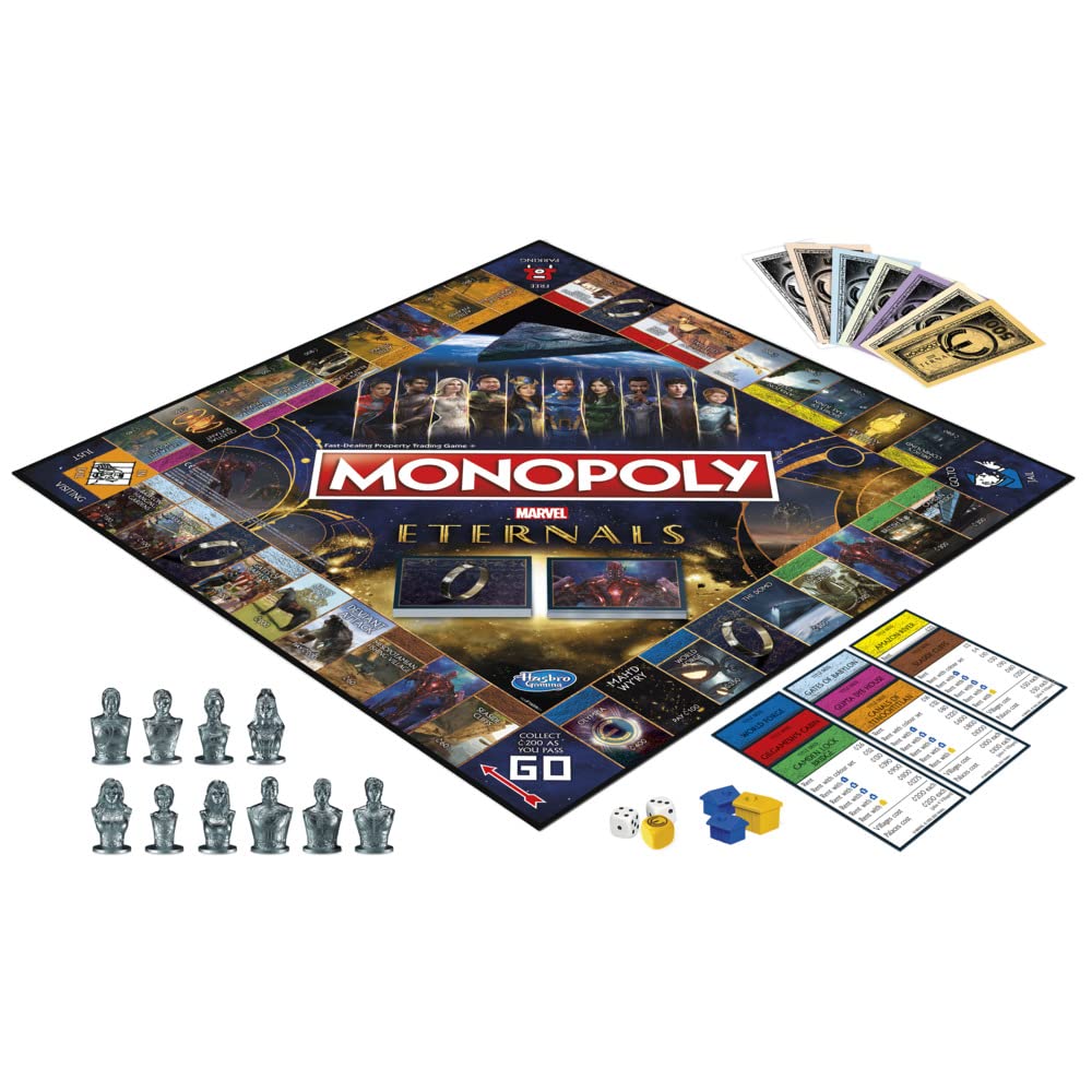 Cartas de propiedades y cartas especiales del Monopoly Eternals con temática de superhéroes