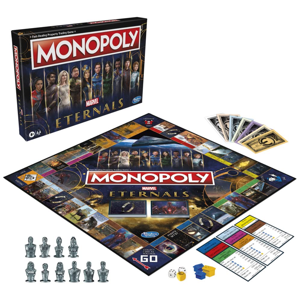 Componentes del Monopoly Eternals incluyendo tablero, cartas, fichas, dinero y caja