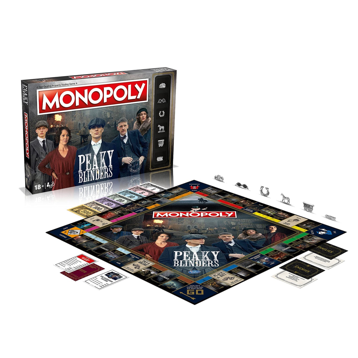 Componentes de Monopoly Peaky Blinders incluyendo tablero, fichas, cartas, dinero y caja