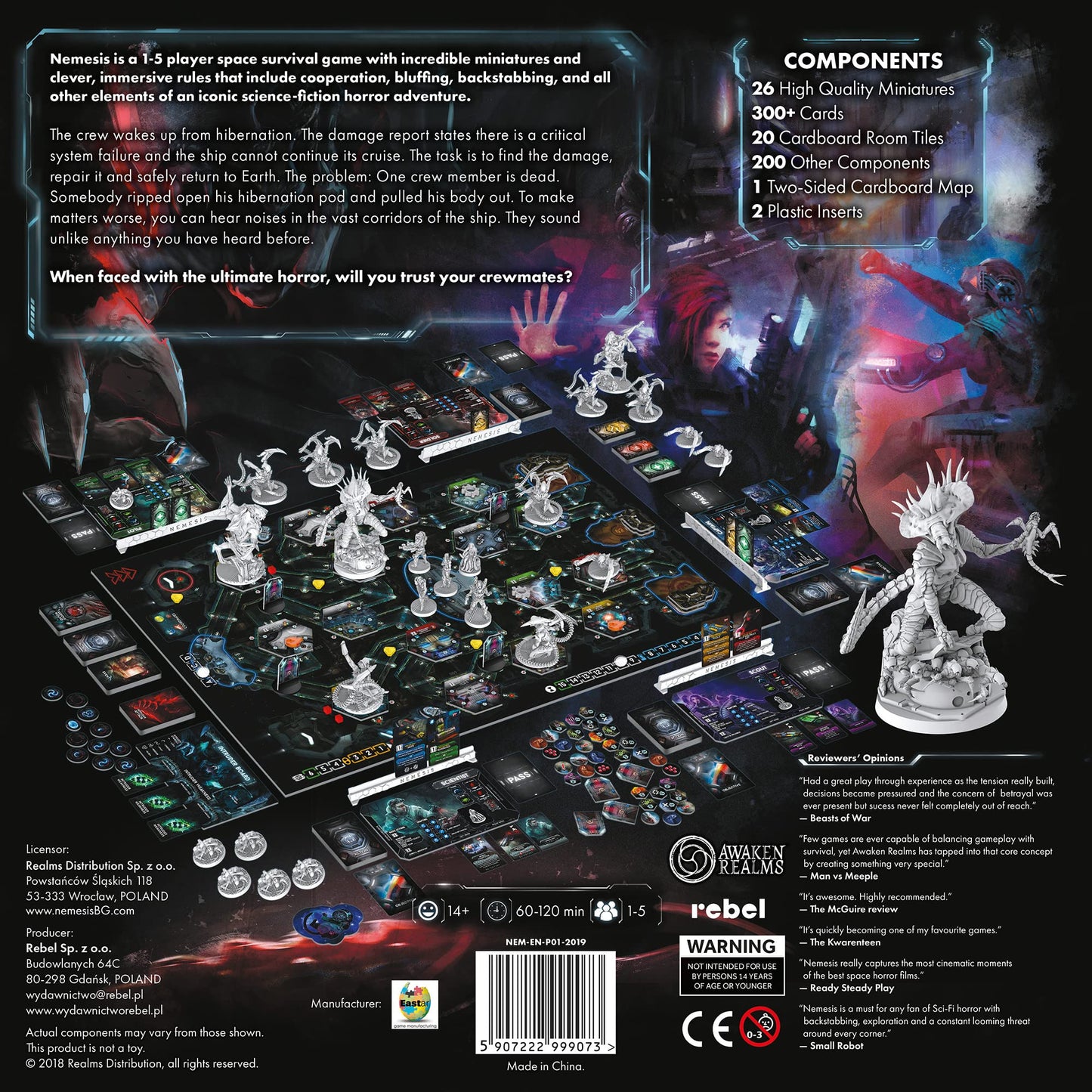 Parte trasera de la caja del juego de mesa Nemesis con explicación y componentes