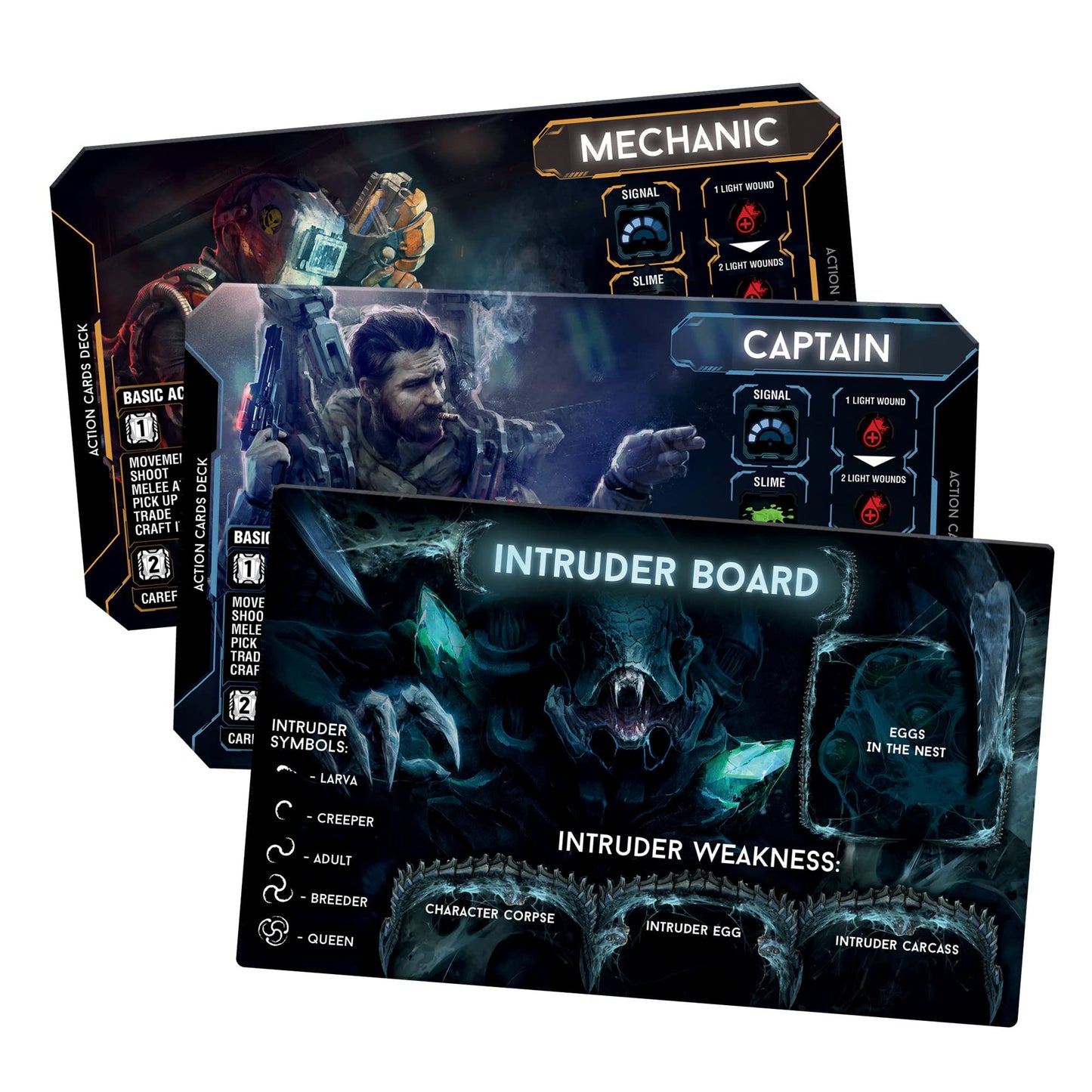 Miniaturas de los personajes del juego de mesa Nemesis en la nave espacial