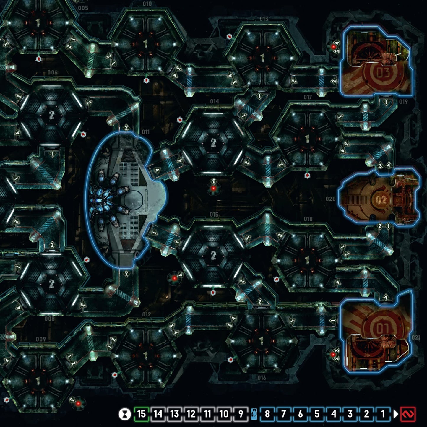 Tablero del juego de mesa Nemesis con la nave espacial dividida en habitaciones
