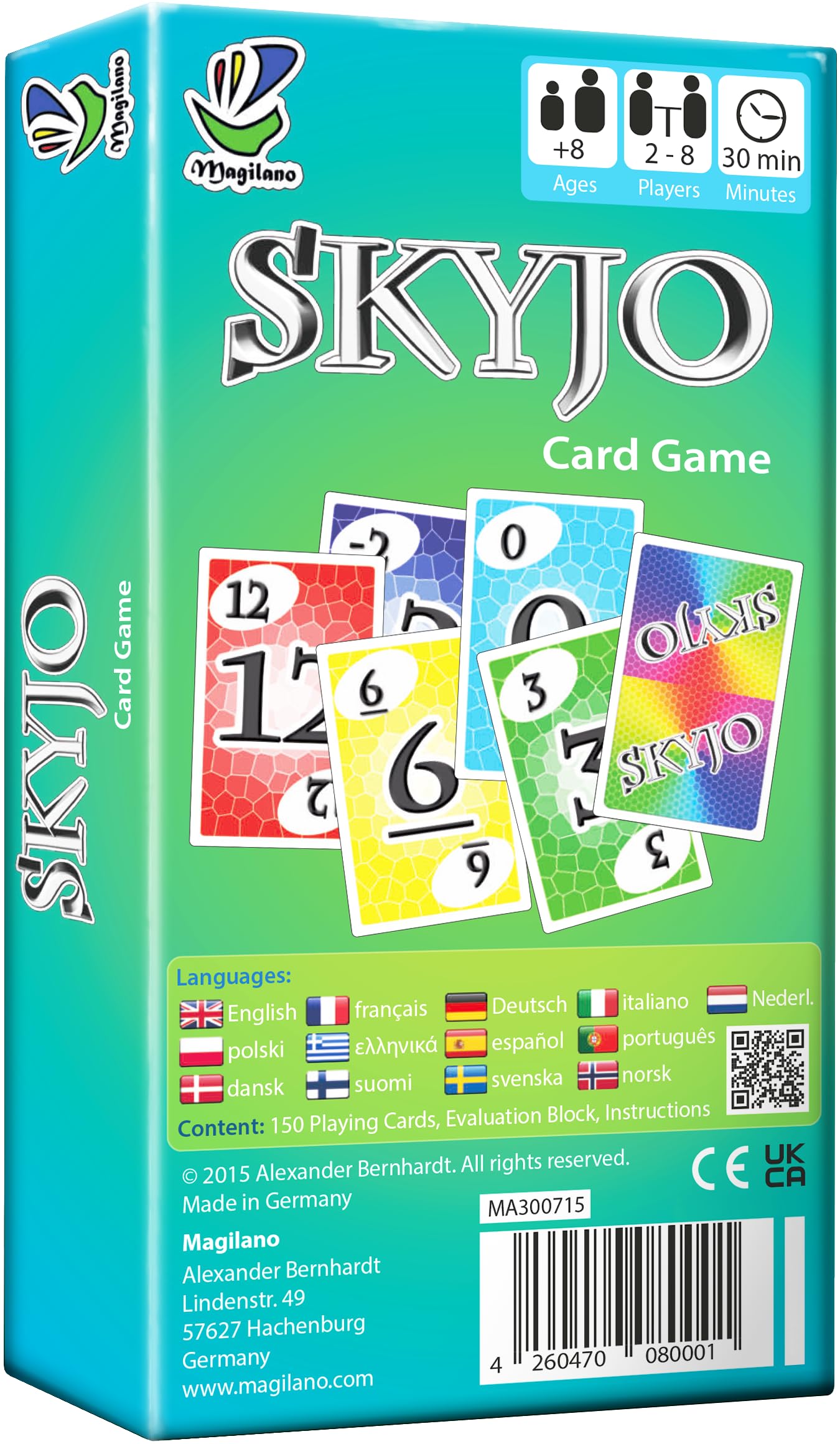 Parte trasera de la caja del juego de cartas Skyjo con descripción y componentes