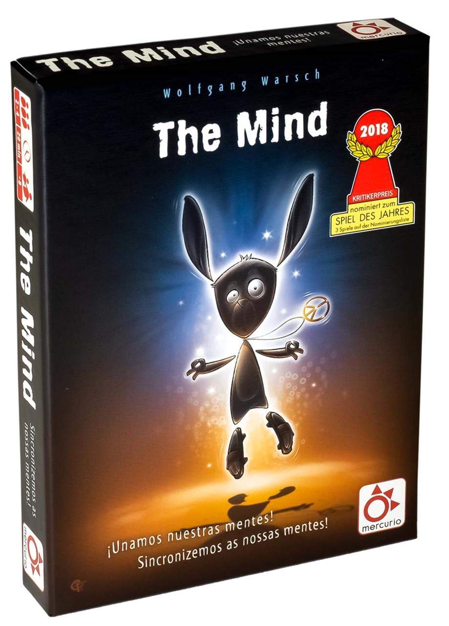 Caja del juego de mesa The Mind con diseño minimalista y conejo brillante