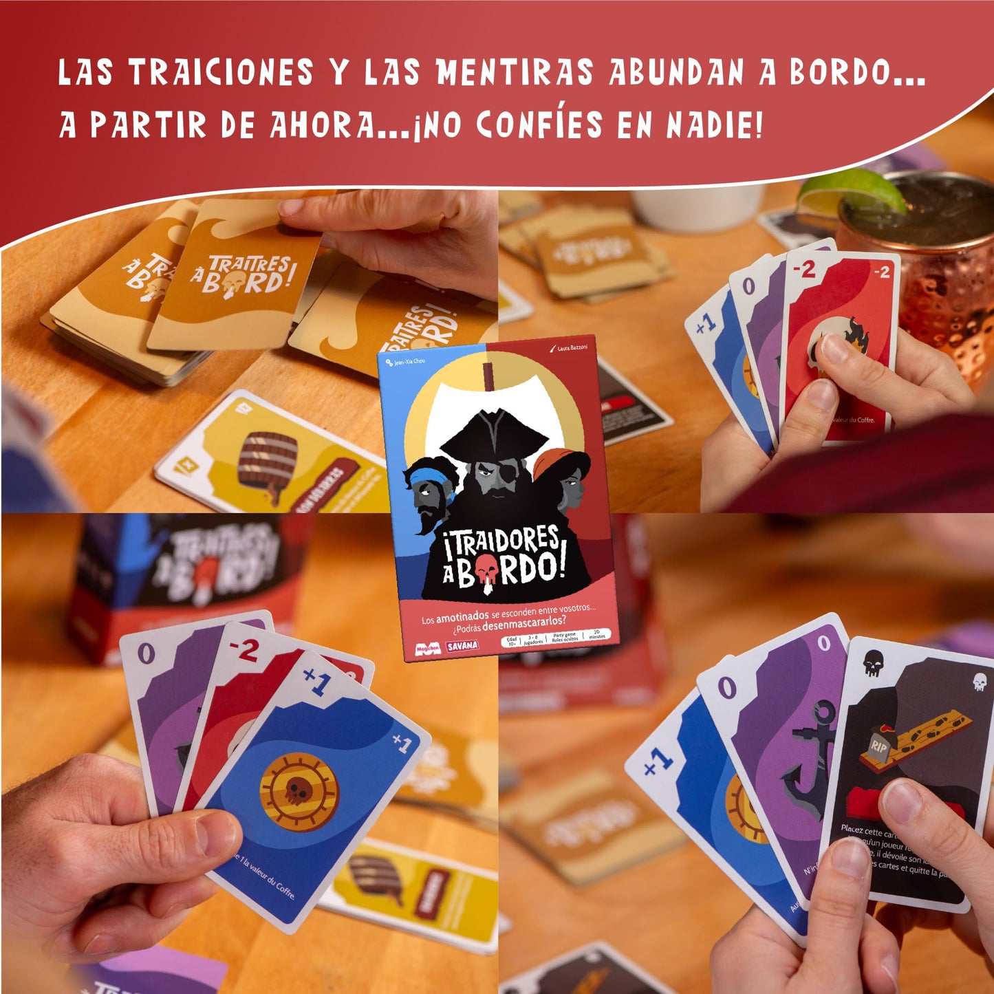 Cartas de rol oculto del juego de mesa Traidores a Bordo que determinan piratas y traidores