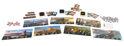 Componentes del juego de mesa 7 Wonders, cartas, tableros y fichas incluidos