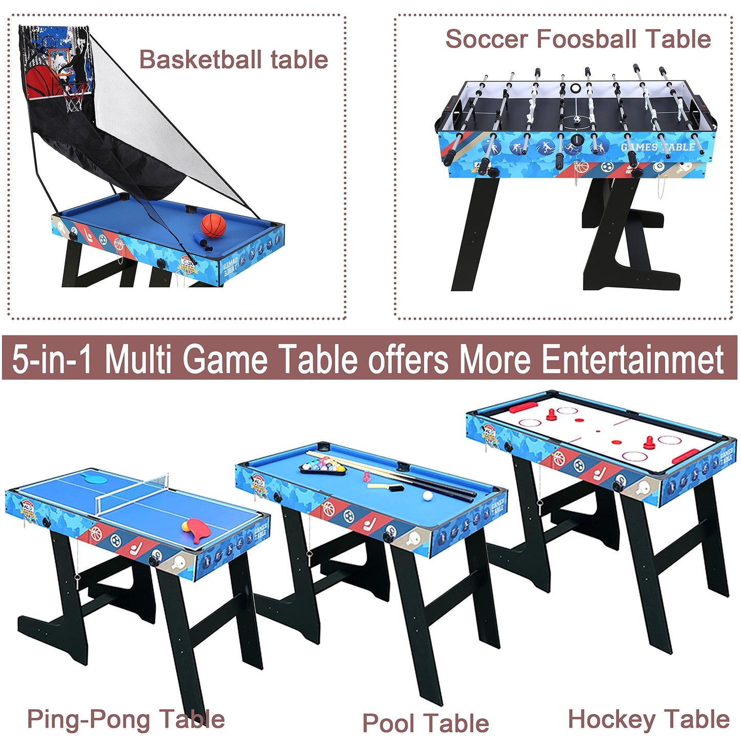JUEGO DE MESA 5 EN 1 – Multijuegos infantil y familiar: Ping Pong, Billar, Fútbol, Hockey y Baloncesto