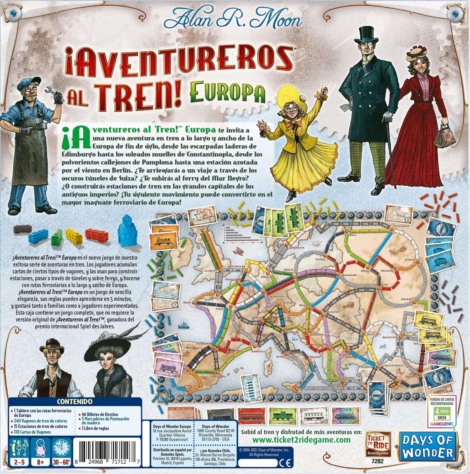 Parte trasera de la caja del juego de mesa Aventureros al Tren Europa con reglas y componentes explicados