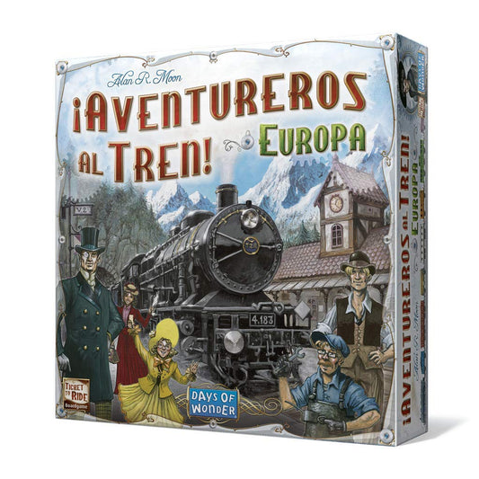Caja del juego de mesa Aventureros al Tren Europa con ilustración de trenes y viajeros