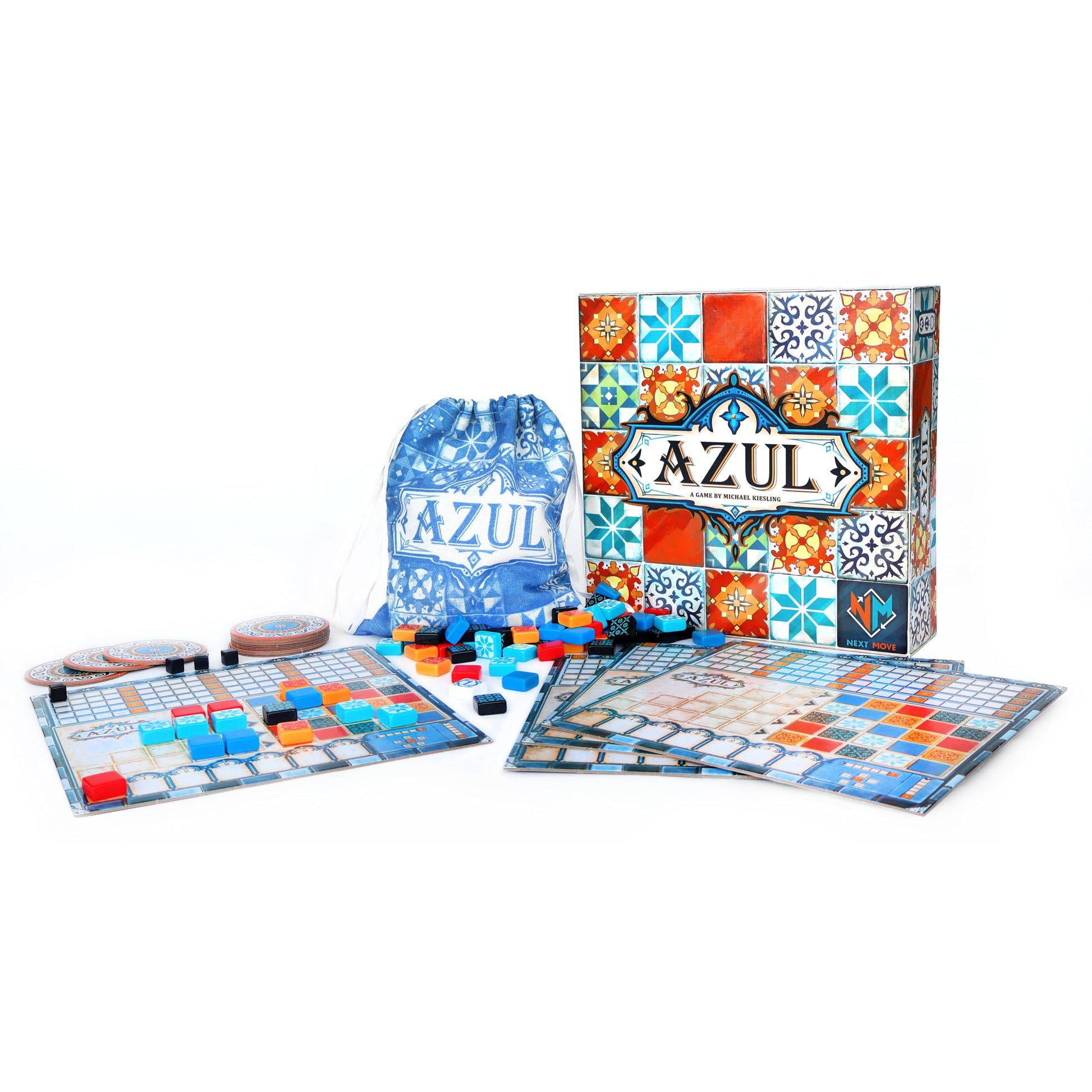 Componentes del juego de mesa Azul, losetas, tablero y fichas incluidas