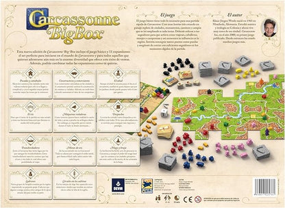 Parte trasera de la caja del juego de mesa Carcassonne Big Box con descripción y contenido