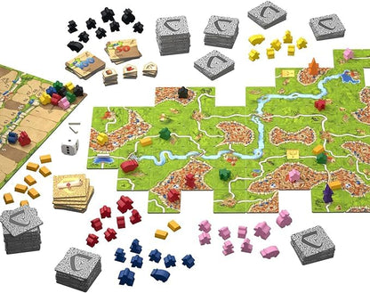 Componentes del juego de mesa Carcassonne Big Box, losetas, meeples, expansiones y caja incluidos