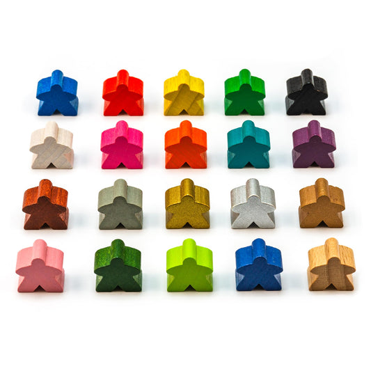 Meeples de Carcassonne en diferentes colores: rojo, azul, verde, amarillo y negro