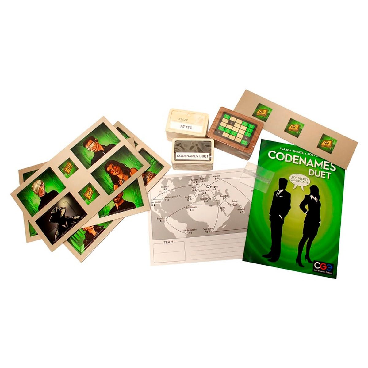 Componentes del juego de mesa Código Secreto Dúo, cartas y accesorios incluidos