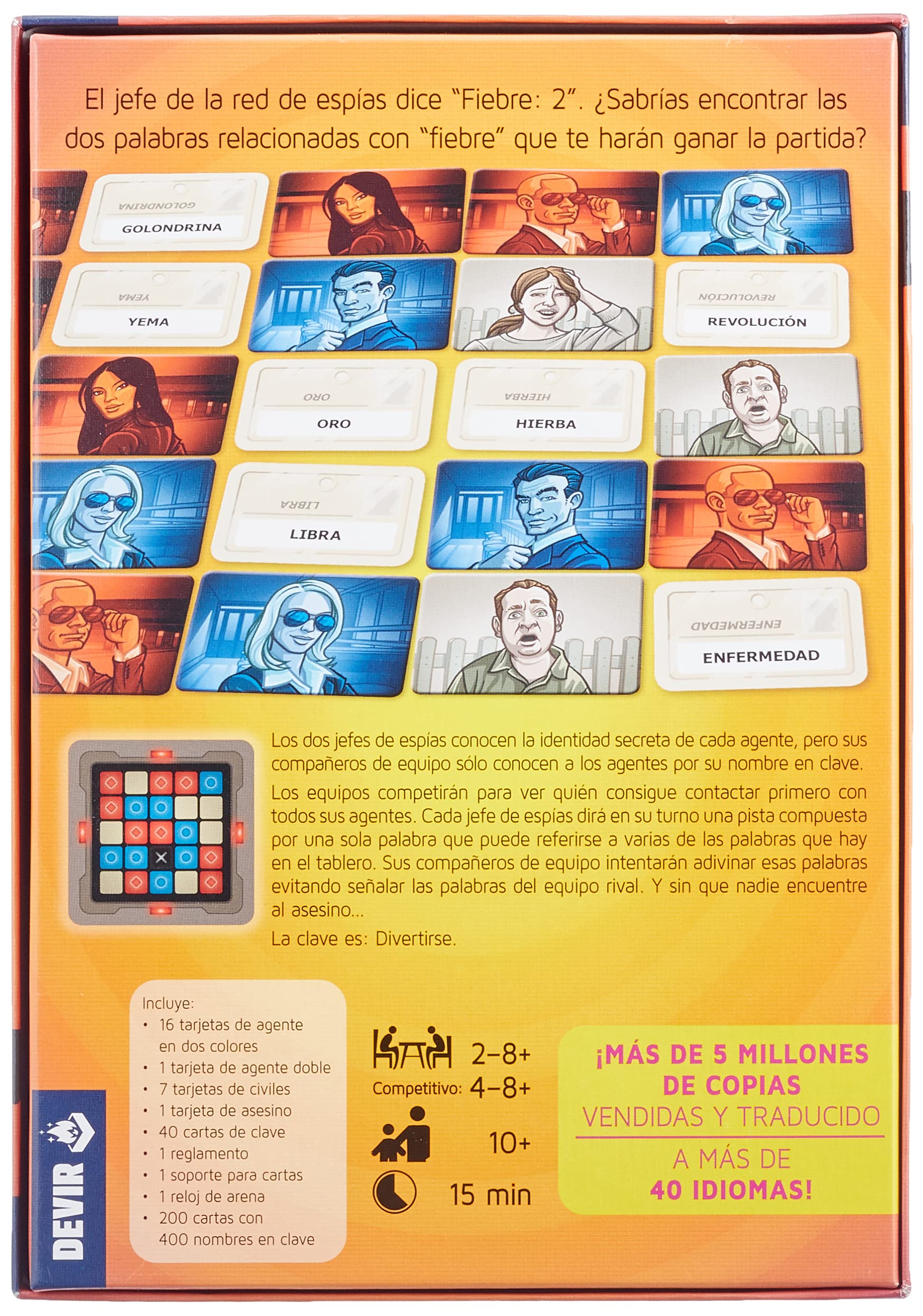 Parte trasera de la caja del juego de mesa Código Secreto Imágenes con descripción y componentes