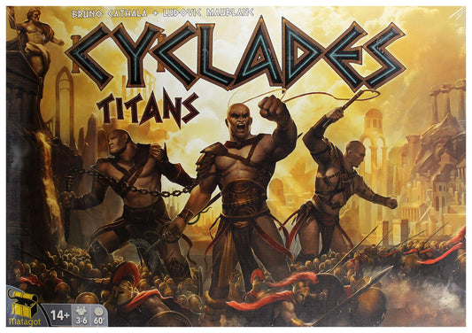 Caja del juego de mesa Cyclades Titans con ilustración épica de titanes