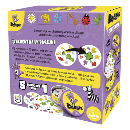 Parte trasera de la caja metálica del juego de mesa Dobble con explicación y símbolos