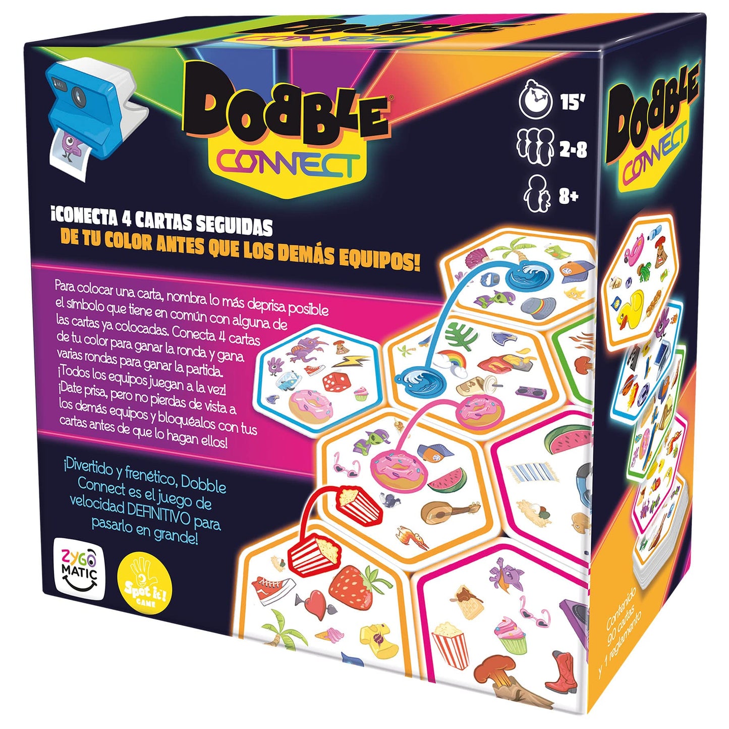 Laterales de la caja del juego de mesa Dobble Connect con logotipos y detalles