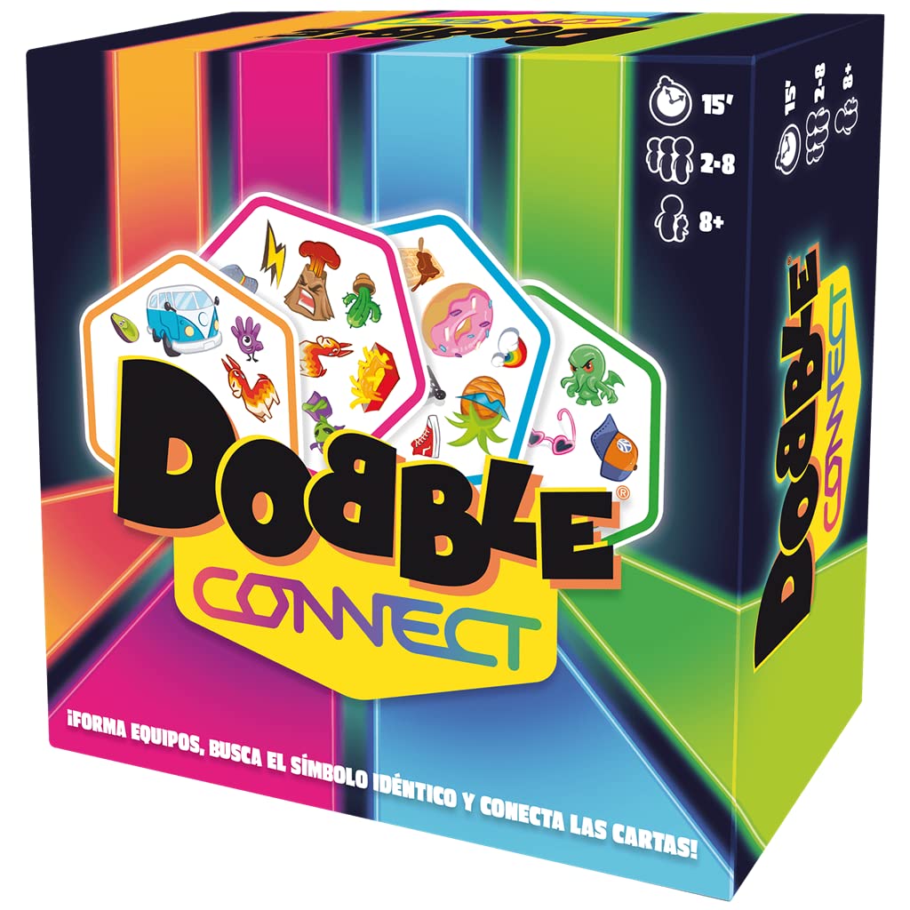Caja del juego de mesa Dobble Connect con diseño colorido