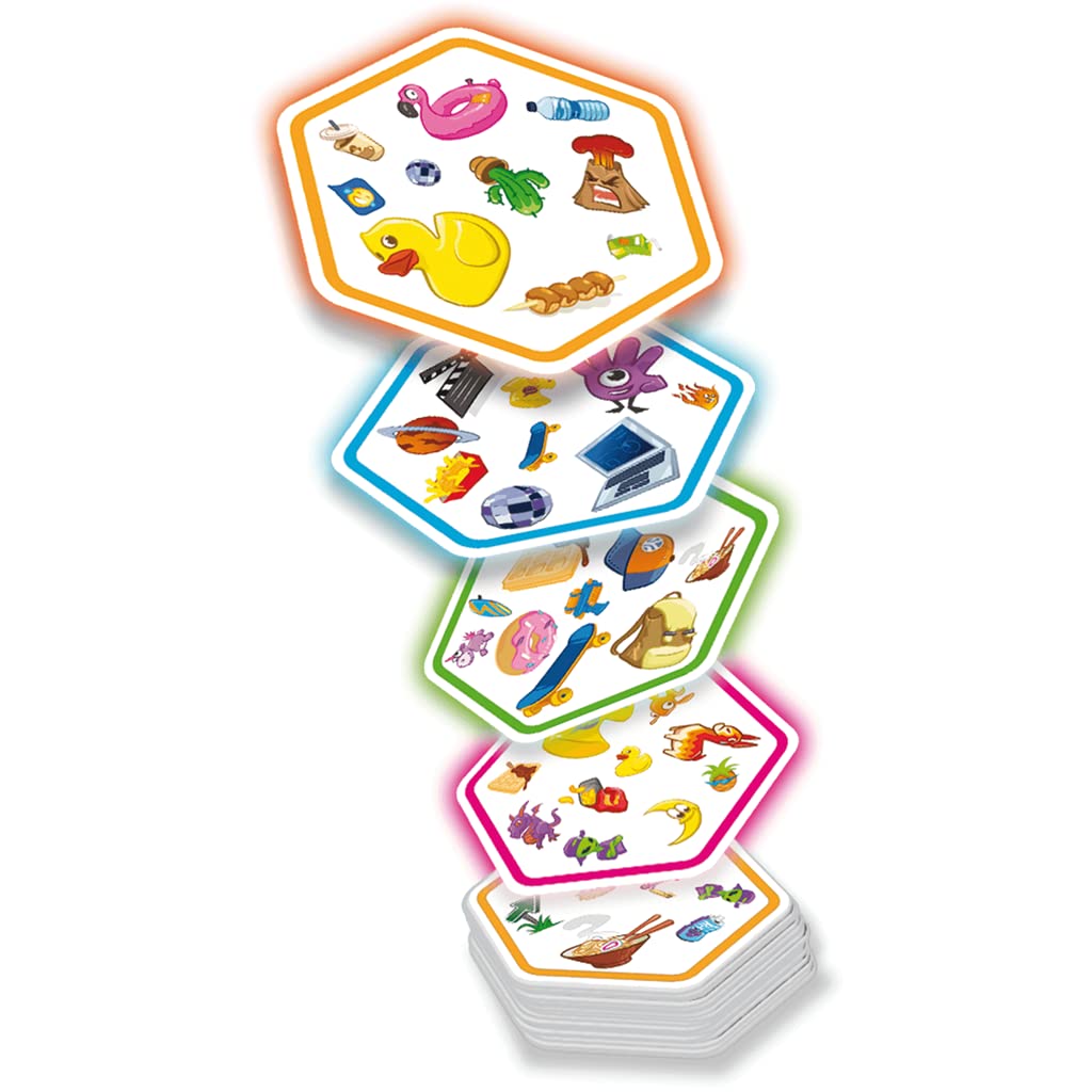 Cartas hexagonales del juego de mesa Dobble Connect con símbolos coloridos