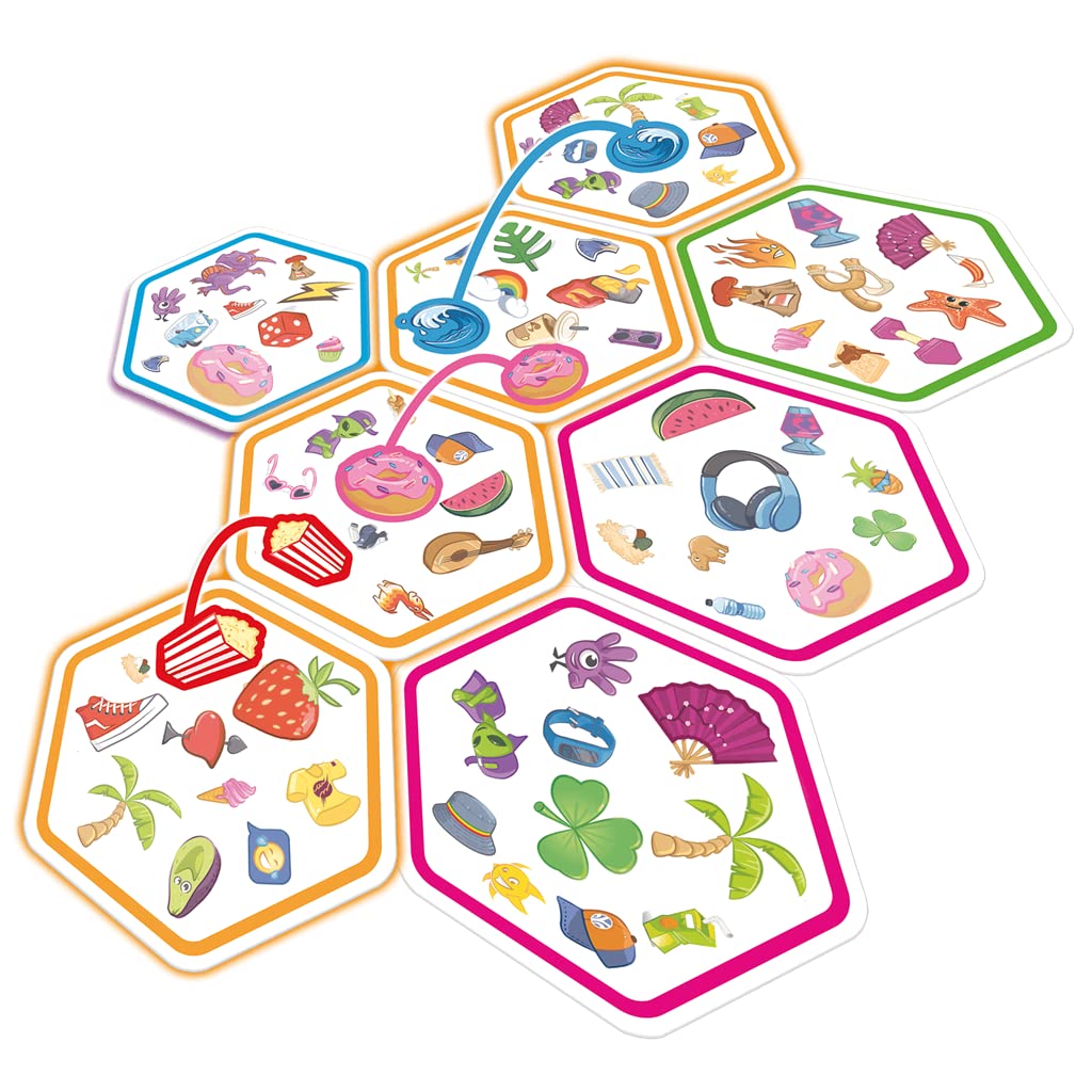 Zona de juego del Dobble Connect con cartas hexagonales colocadas en red